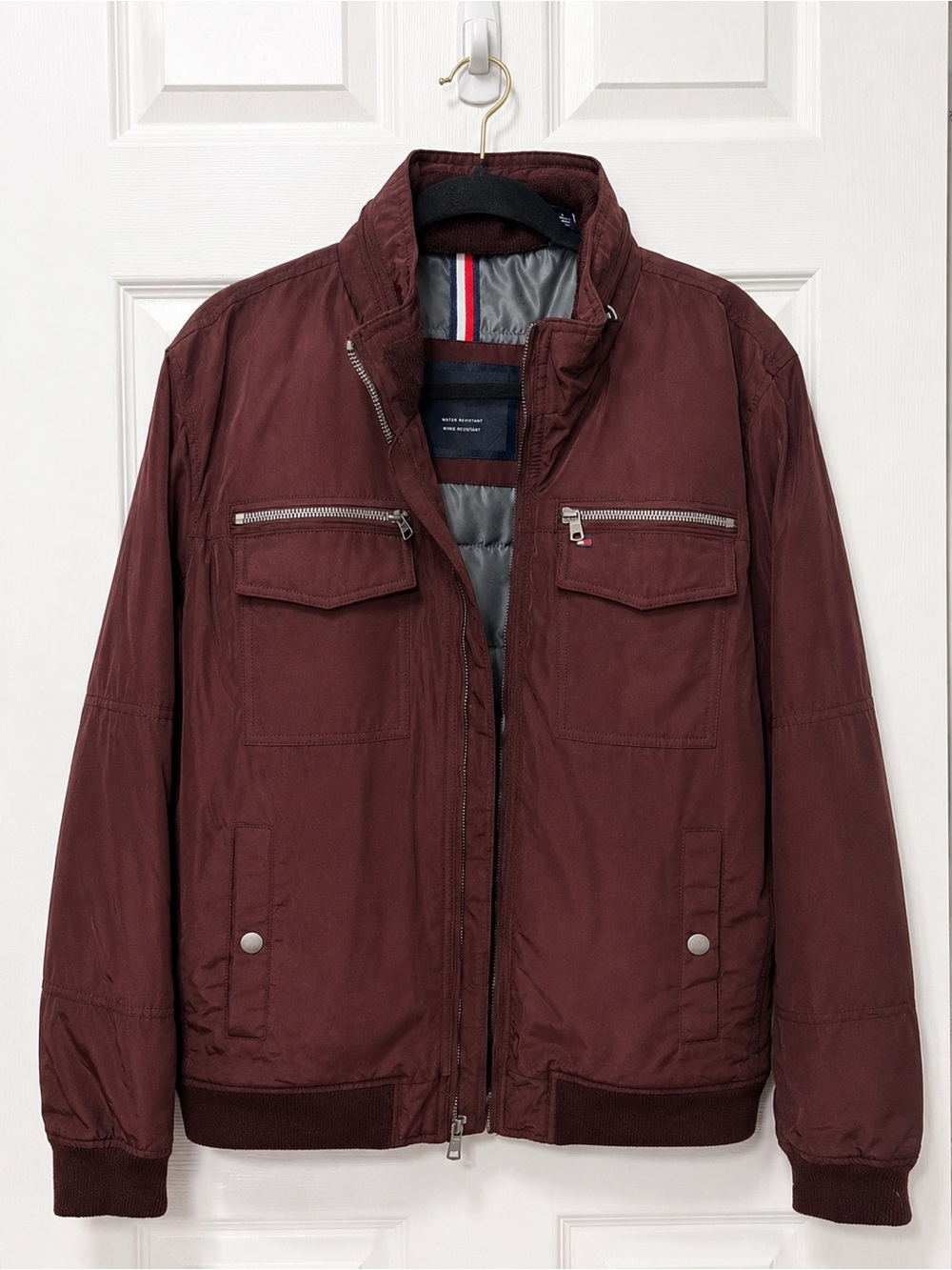 Tommy Hilfiger Men's Maroon Zip Bomber Jacket with Chest Pockets